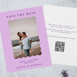 Save The Date Retro Wavy Photo & QR Code Lilac & Purple Mariage