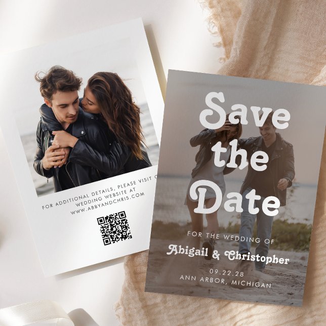 Save The Date Retro White Text Overlay 2 Photo QR Code Mariage (Créateur téléchargé)