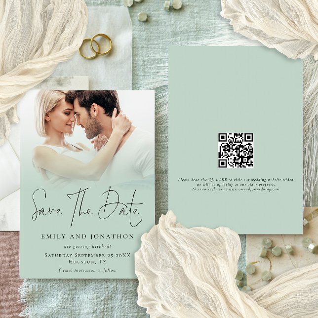 Save The Date Revêtement de photo moderne QR Sage Mariage de scr (Front and back view)