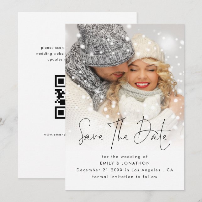 Save The Date Revêtement photo moderne QR Code Mariage hivernal (Devant / Derrière)