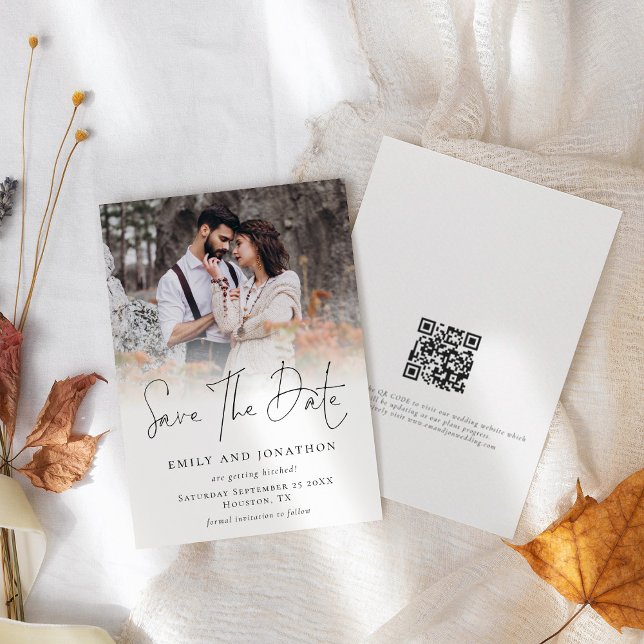 Save The Date Revêtement photo moderne QR Code Script Mariage (Front and back view)