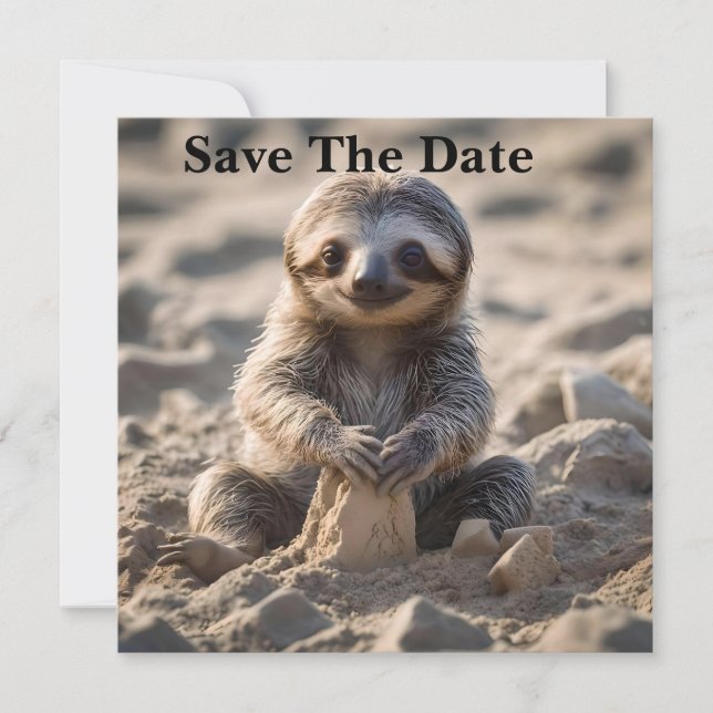 Save The Date Rives de sable : Baby Sloth Construisant des châte (Devant)