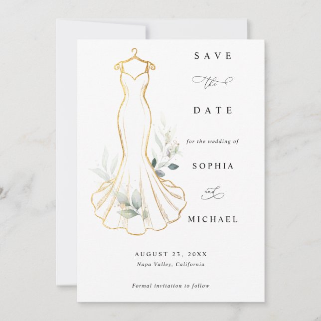 Save The Date Robe de mariée en or faux et verdure (Devant)