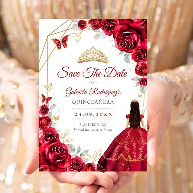 Save The Date Robe de Quinceanera Roses Rouges Or (Créateur téléchargé)