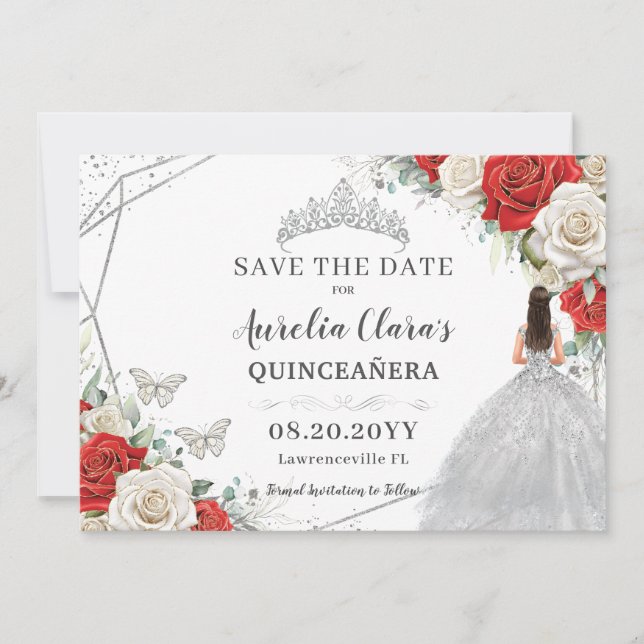 Save The Date Robe Rouge Blanc Floral Argent Quinceanera Sweet 1 (Devant)