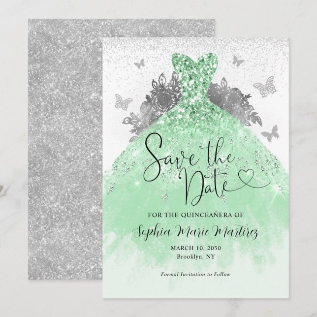 Save The Date Robe verte Mis Quince Quinceañera (Devant / Derrière)