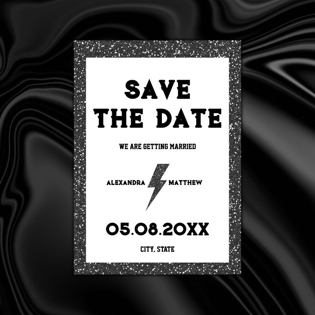 Save The Date Rocher et Rouleau noir Parties scintillant Rétro (rock and roll save the date black glitter rock black wedding retro vintage)
