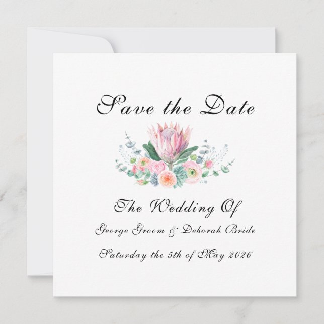 Save The Date Roi blanc Protea Aquarelle Floral Classique (Devant)