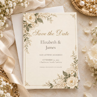 Save The Date Romance Florale Douce en Dentelle Héritée d'Ivoire