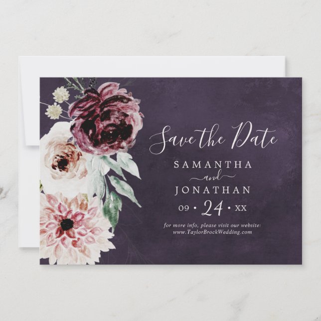Save The Date Romance florale | Plum horizontal (Devant)