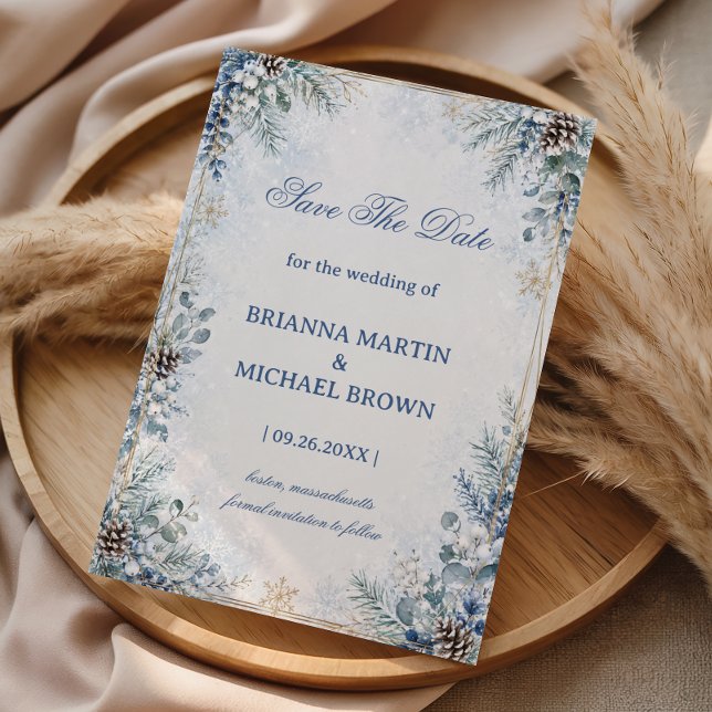 Save The Date Romance hivernale du cône de pin bleu givré (Créateur téléchargé)