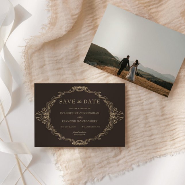Save The Date Romantic Baroque Ornate Frame Dark Brown Photo (Créateur téléchargé)