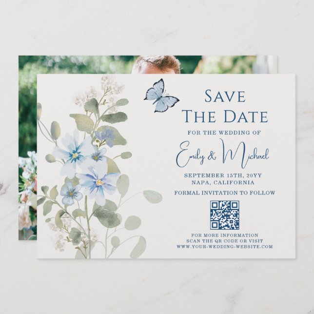 Save The Date Romantic Blue Floral Photo QR Code Mariage (Devant / Derrière)