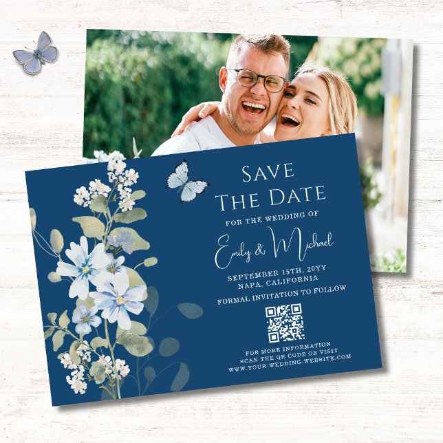 Save The Date Romantic Blue Floral Photo QR Code Mariage (Créateur téléchargé)