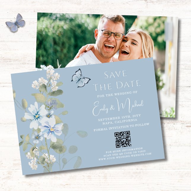 Save The Date Romantic Blue Floral Photo QR Code Mariage (Créateur téléchargé)