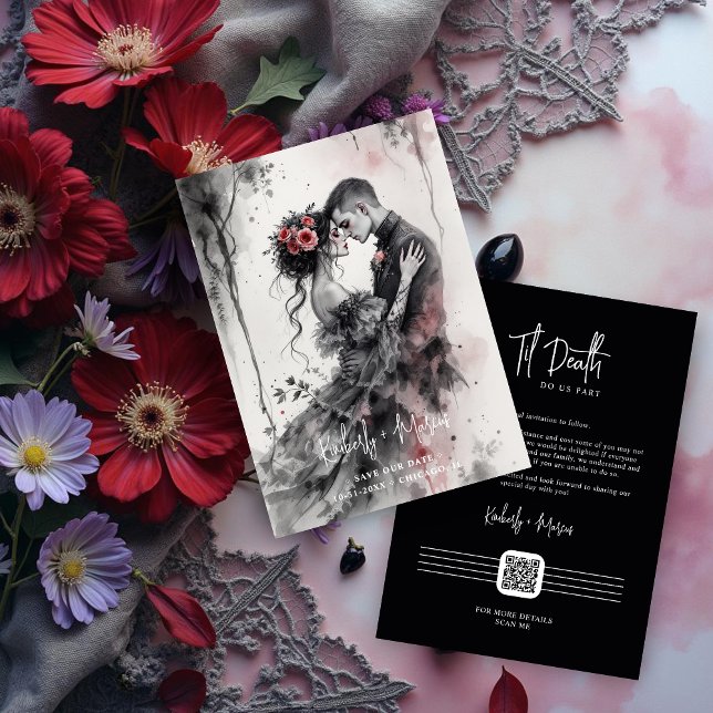 Save The Date Romantic Chic Charming Gothic Couple Wedding  (Romantic Chic Charming Gothic Couple Wedding Save the Date Cards with Back QR Code. )