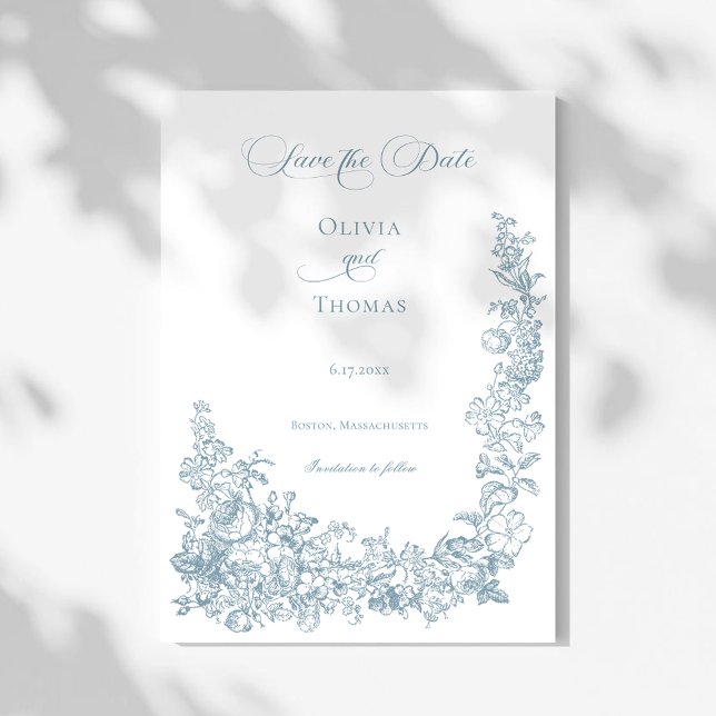 Save The Date Romantic Dusty Blue Line Art Floral Wedding (Créateur téléchargé)