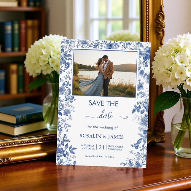 Save The Date Romantic Dusty Blue Toile Floral Photo (Romantic Dusty Blue Toile Floral Photo Save The Date)