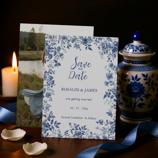 Save The Date Romantic Dusty Blue Toile Floral with Photo (Romantic Dusty Blue Toile Floral with Photo Save The Date)