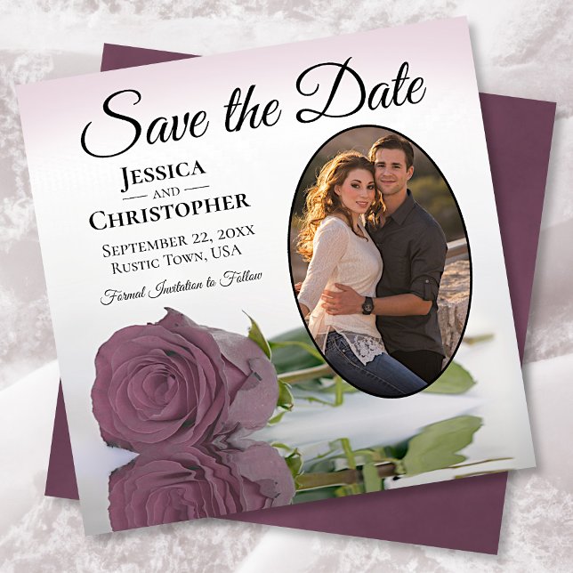 Save The Date Romantic Dusty Mauve Rose with Oval Photo Wedding  (Créateur téléchargé)