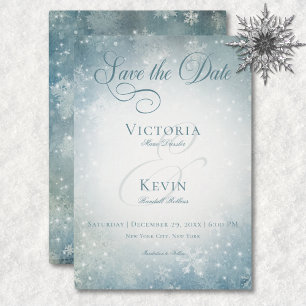Save The Date Romantic Falling Snow Blue & White Sparkings