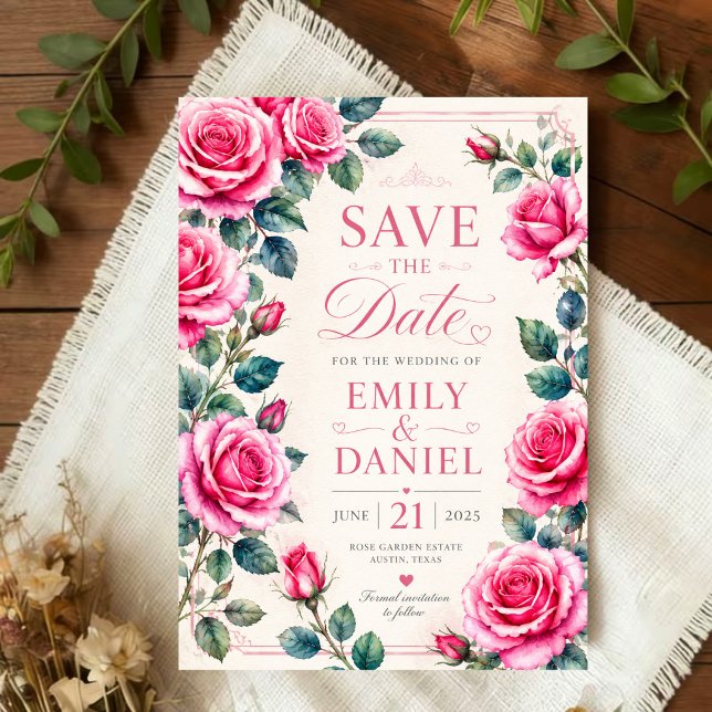 Save The Date Romantic Floral  Watercolor Pink Rose  (Créateur téléchargé)
