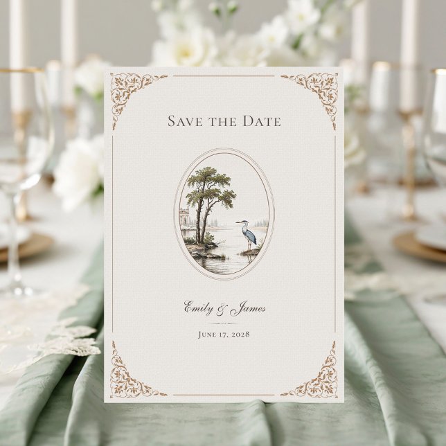 Save The Date Romantic French Heron Oval Frame Wedding (Créateur téléchargé)