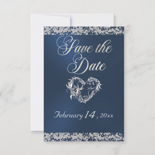 Save The Date Romantic Heart & Glitter on Blue (Devant)