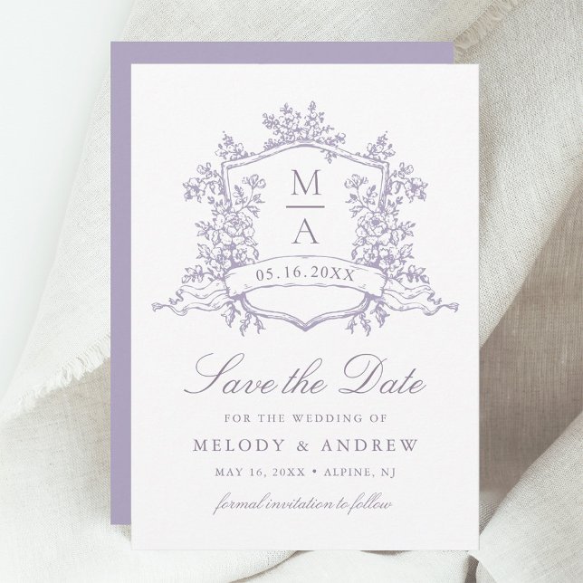 Save The Date Romantic Lavender Floral Crest Wedding (Créateur téléchargé)