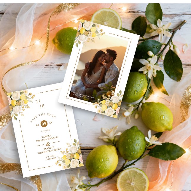 Save The Date Romantic Mediterranean Lemons Floral Bunch Wedding (Romantic Mediterranean Lemons & Floral Bunch Wedding Dave the Date with Initials and Back Photo.)