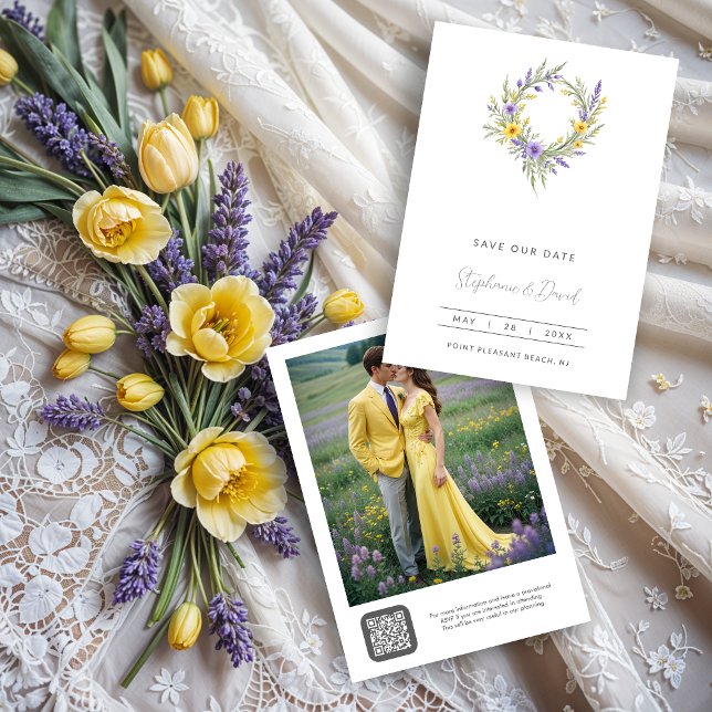 Save The Date Romantic Minimal Wedding Yellow & Lavender Wreath (Romantic Minimalist Wedding Yellow & Lavender Wreath Save the Dates Cards. )