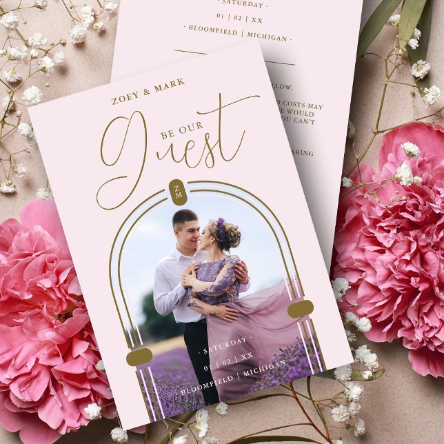 Save The Date Romantic Pink Arch Photo & Initials QR Code  (Romantic Pink Arch Photo & Initials QR Code Save the Date Card with Envelope.)