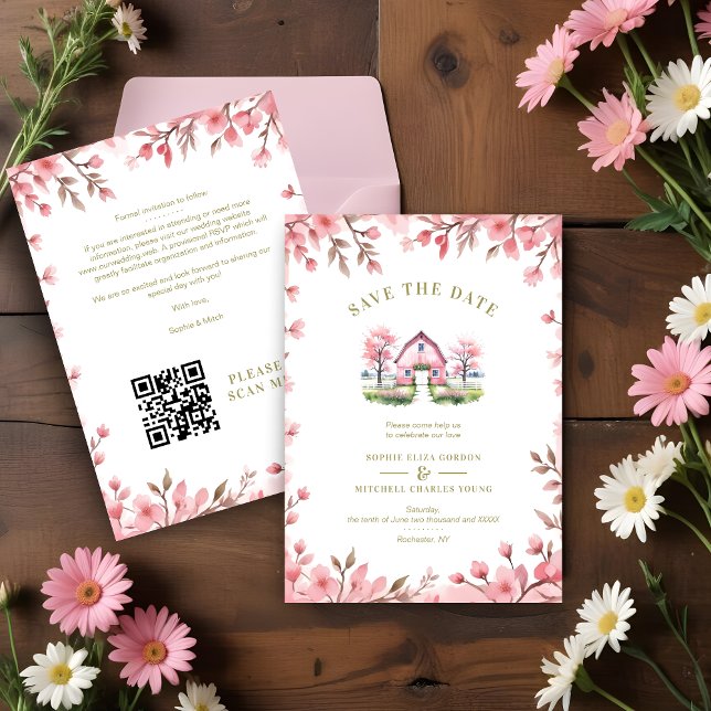 Save The Date  Romantic Pink Barn Rustic Landscape Floral Frame (Romantic Pink Barn in Rustic Landscape and Cute Floral Frame Wedding Invitations Cards. )
