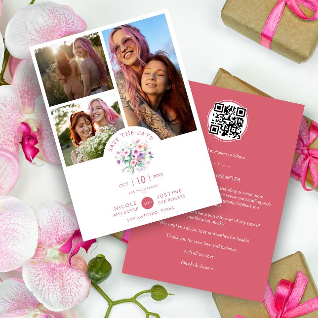 Save The Date Romantic Pink Shades Botanical Bunch 3 Multi photo (Romantic Pink Shades Botanical Bunch 3 Multi photos Collage Photos Session Save the Date.)