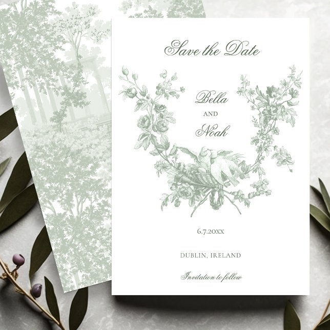 Save The Date Romantic Sage Floral Wreath w/Lovebirds Wedding (Créateur téléchargé)