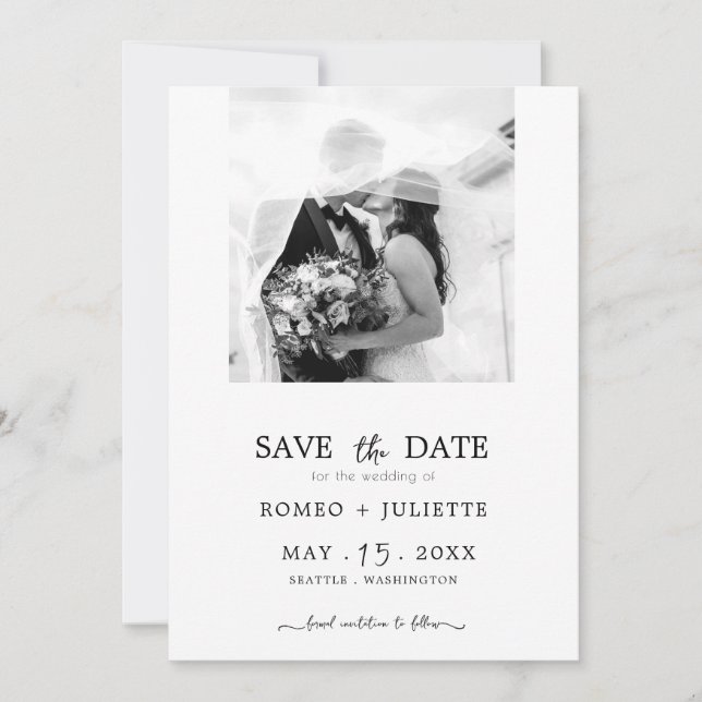 Save The Date Romantic Simple Black&White Photo Enregistrer la d (Devant)