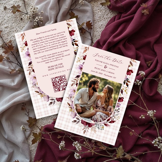Save The Date Romantic Spring Burgundy Floral Arch Wedding (Romantic Spring-Inspired Burgundy Floral Arch Wedding Save the Date Design with Back Photo.)
