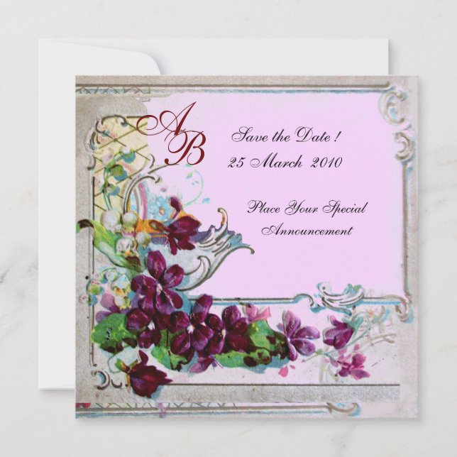 Save The Date ROMANTICA 4 MONOGRAM, Mariage Rose Violet Floral (Devant)