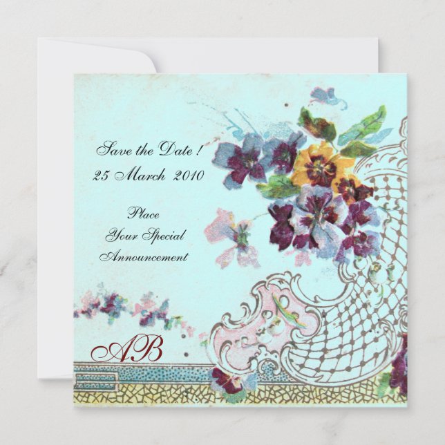 Save The Date ROMANTICA Floral Rose Bleu Cyan Monogramme de Mari (Devant)