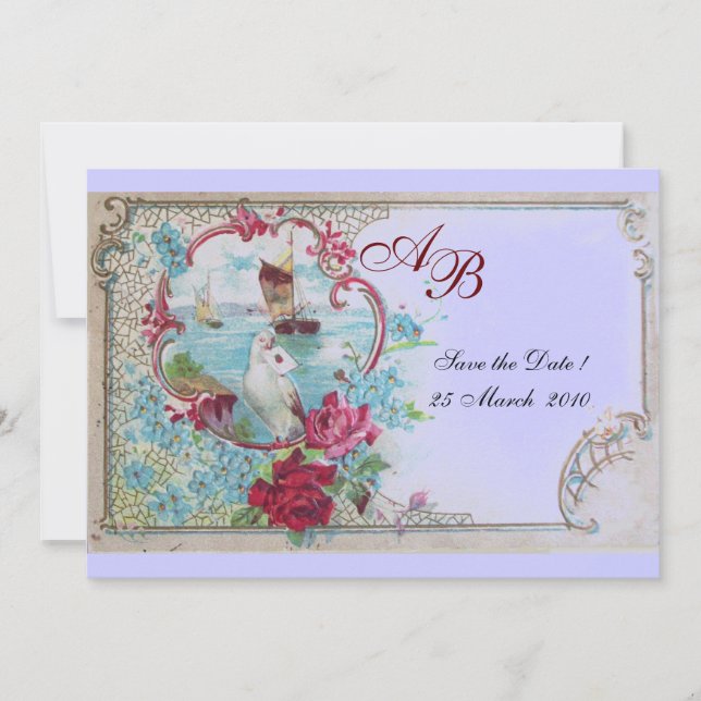 Save The Date ROMANTICA  MONOGRAMME Fleurs Rose Bleu Mariage Fêt (Devant)