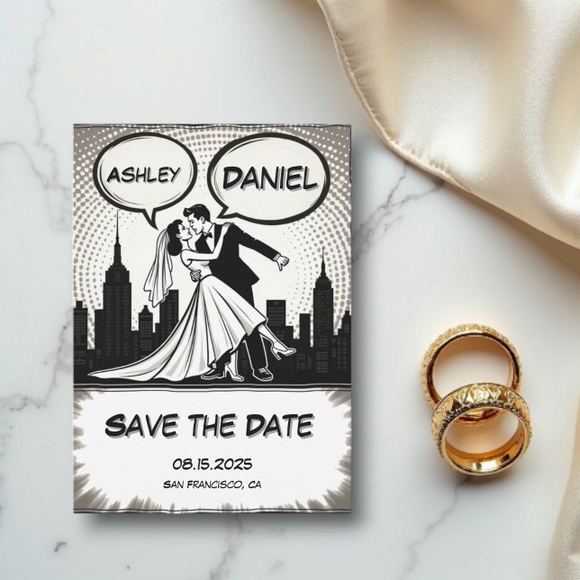 Save The Date Romantique Black & White Comic Book Mariage élégan (Créateur téléchargé)