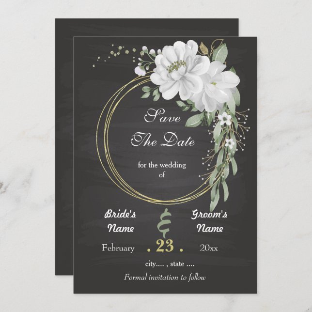 Save The Date Romantique blanc verdure fleurie couronne noire (Devant / Derrière)