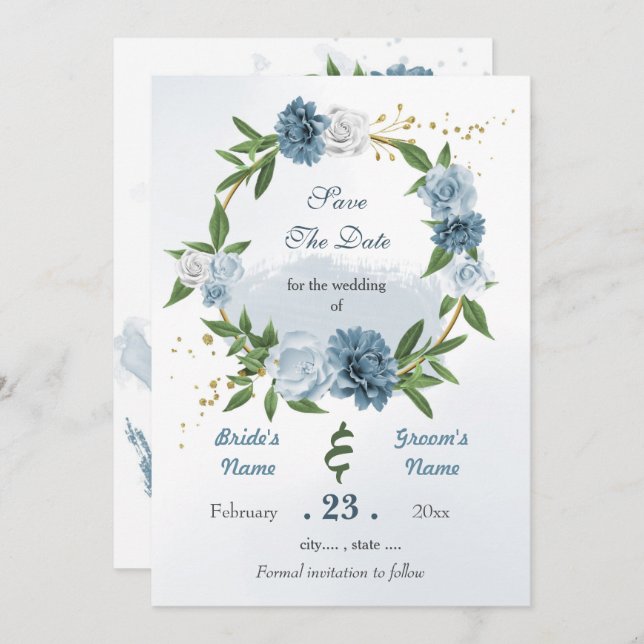 Save The Date Romantique bleu blanc fleurs or couronne (Devant / Derrière)