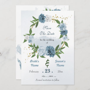 Save The Date Romantique bleu blanc fleurs or couronne