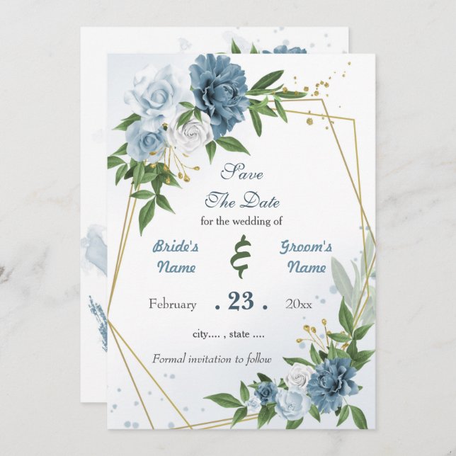 Save The Date Romantique bleu blanc fleurs or géométrique (Devant / Derrière)