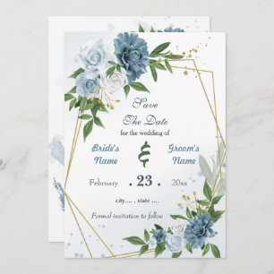 Save The Date Romantique bleu blanc fleurs or géométrique