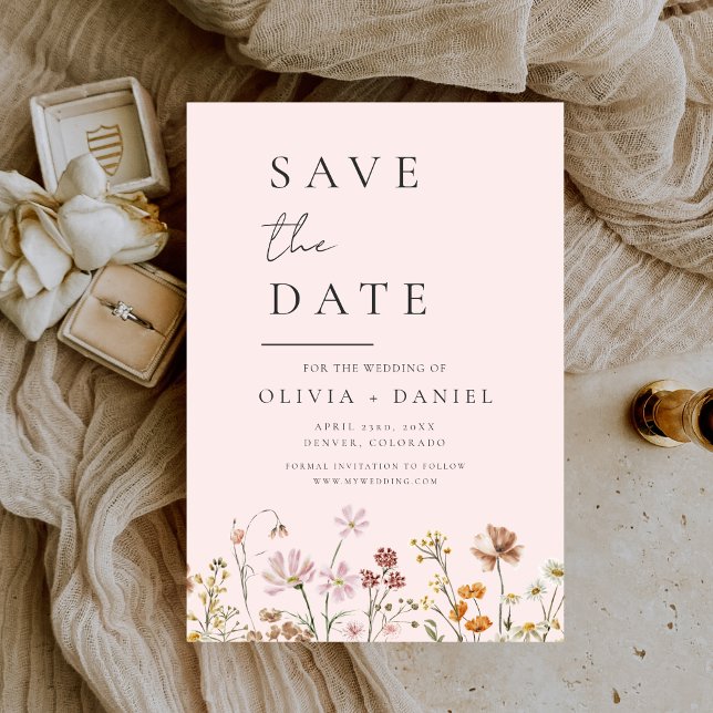 Save The Date Romantique Blush rose Fleurs sauvages Boho Enregis (Créateur téléchargé)