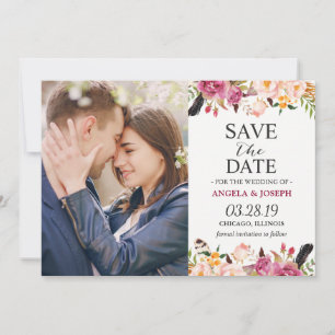 Save The Date Romantique Boho Floral Feather Photo Enregistrer l