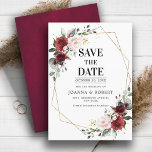 Save The Date Romantique Bourgogne Blush rose Botanique Géométri<br><div class="desc">Magnifique mariage fleuri boho enregistrer la date dispose de graphismes floral aquarelle peints à la main / roses dans les tons riches de la Bourgogne Marsala et rose rousse / pêche et charmante police de lettrage manuel. Veuillez me contacter pour toute aide sur la personnalisation ou si vous avez besoin...</div>