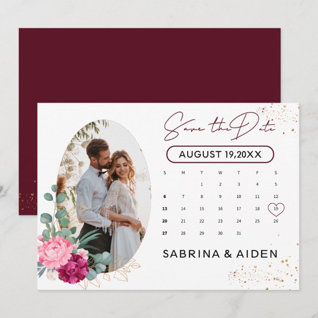 Save The Date Romantique Bourgogne Blush Rose Floral Enregistrer (Devant / Derrière)